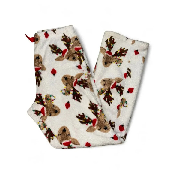 Holiday Christmas Reindeer Girls Cozy Pajama Pants White Red Size Small - Picture 1 of 5